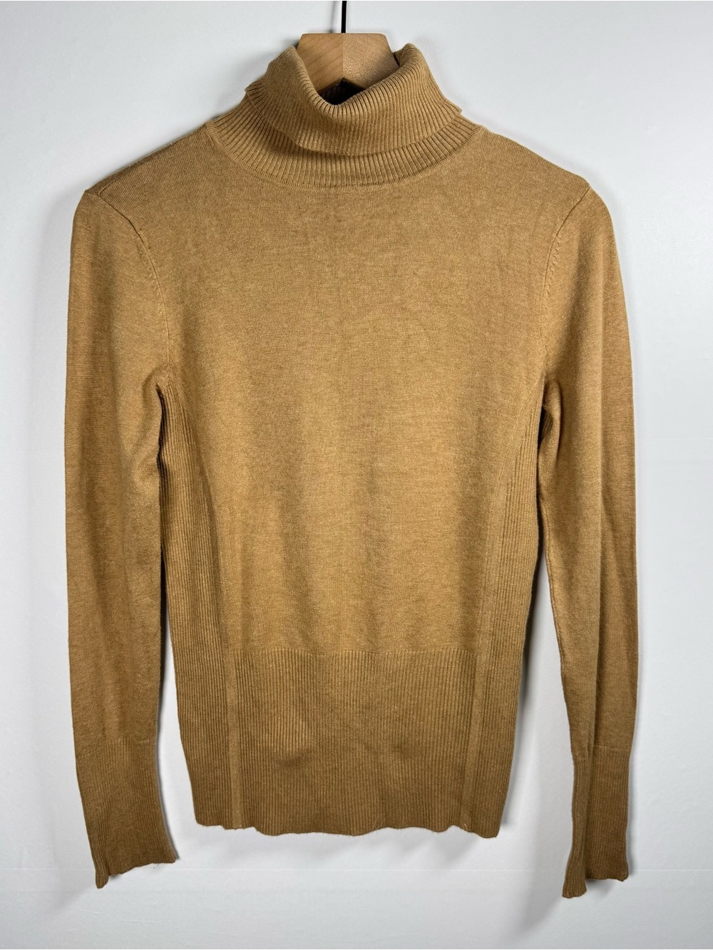 CACHE Tan Turtleneck Ribbed Knit Sweater Zipper Cuff Long Sleeve Sz M